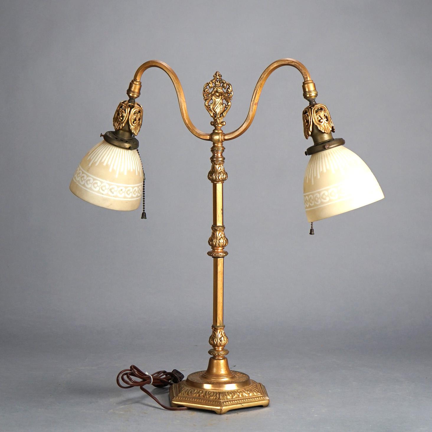 Antique Rembrandt Two-Light Foliate Embossed Brass Table Lamp Circa 1920 In Good Condition For Sale In Big Flats, NY