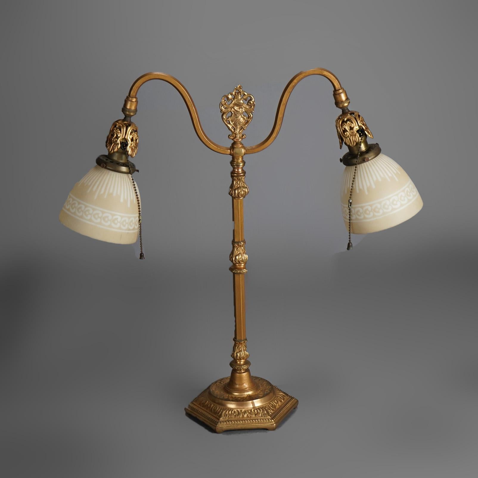 20th Century Antique Rembrandt Two-Light Foliate Embossed Brass Table Lamp Circa 1920
