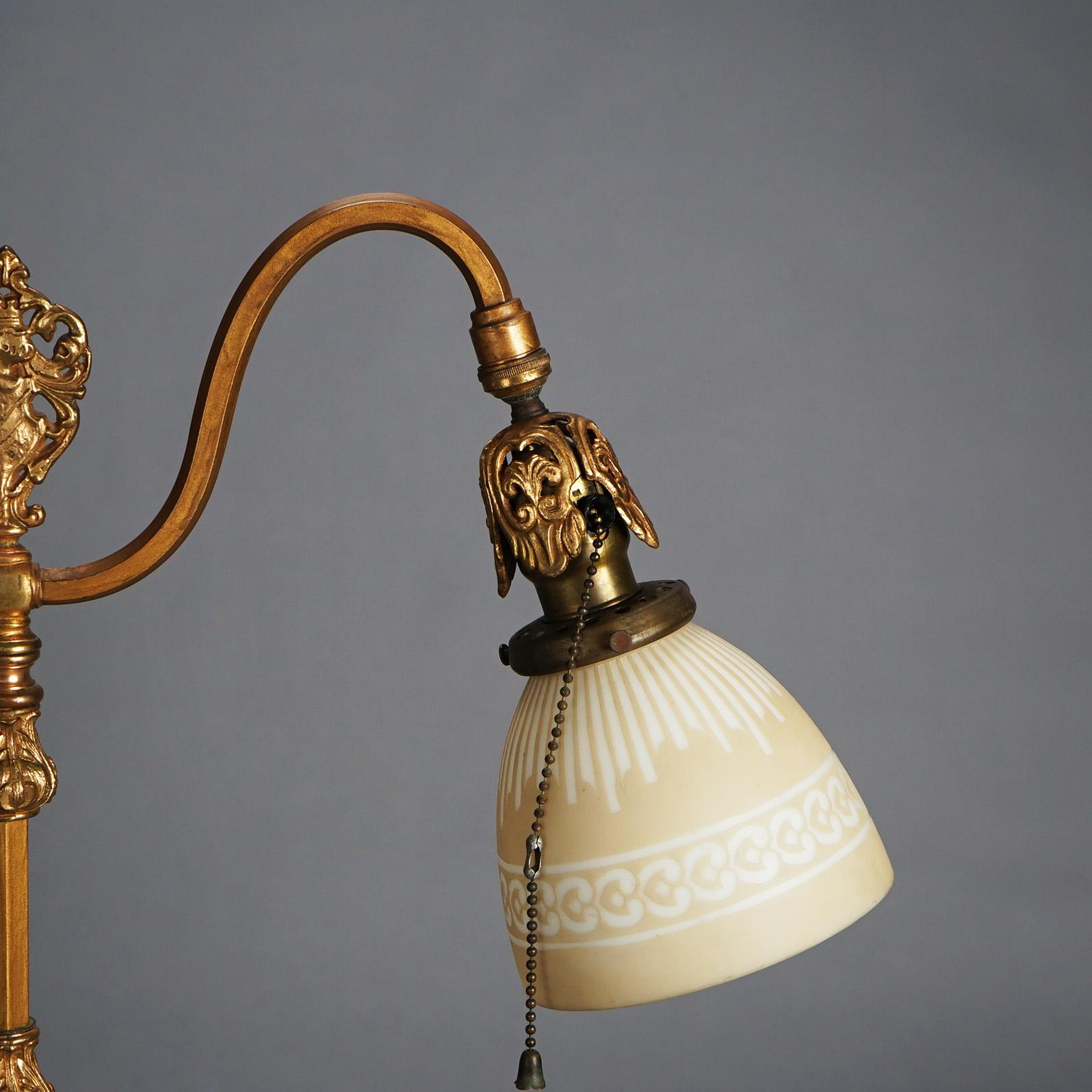 Antique Rembrandt Two-Light Foliate Embossed Brass Table Lamp Circa 1920 3