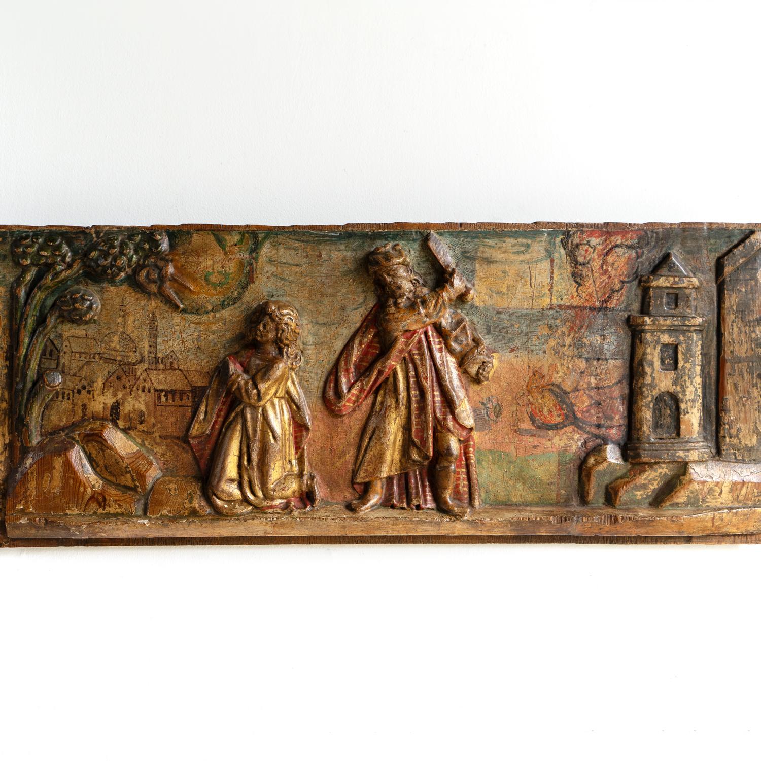 Antique Renaissance Biblical Panel Carving Polychrome Decoration, 16th Century For Sale 3