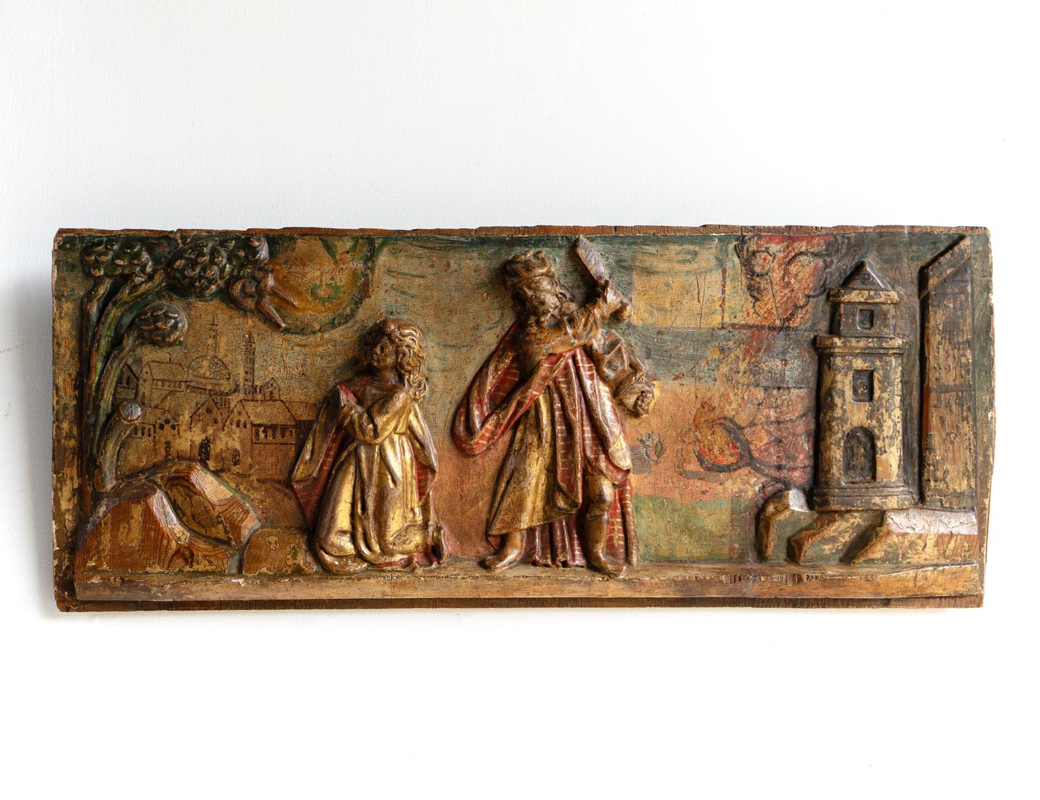 Antique Renaissance Biblical Panel Carving Polychrome Decoration, 16th Century For Sale 4