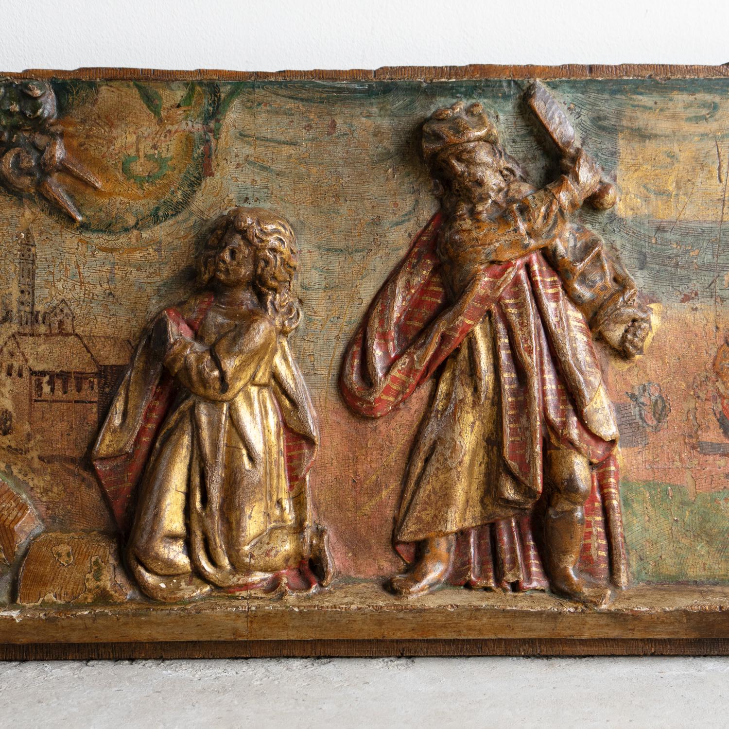 Italian Antique Renaissance Biblical Panel Carving Polychrome Decoration, 16th Century For Sale