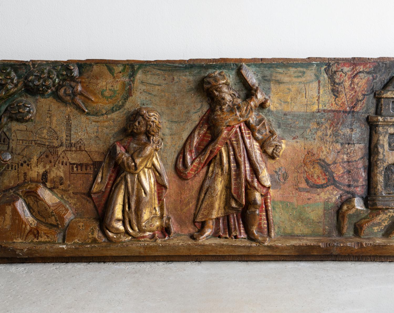 Hand-Carved Antique Renaissance Biblical Panel Carving Polychrome Decoration, 16th Century For Sale