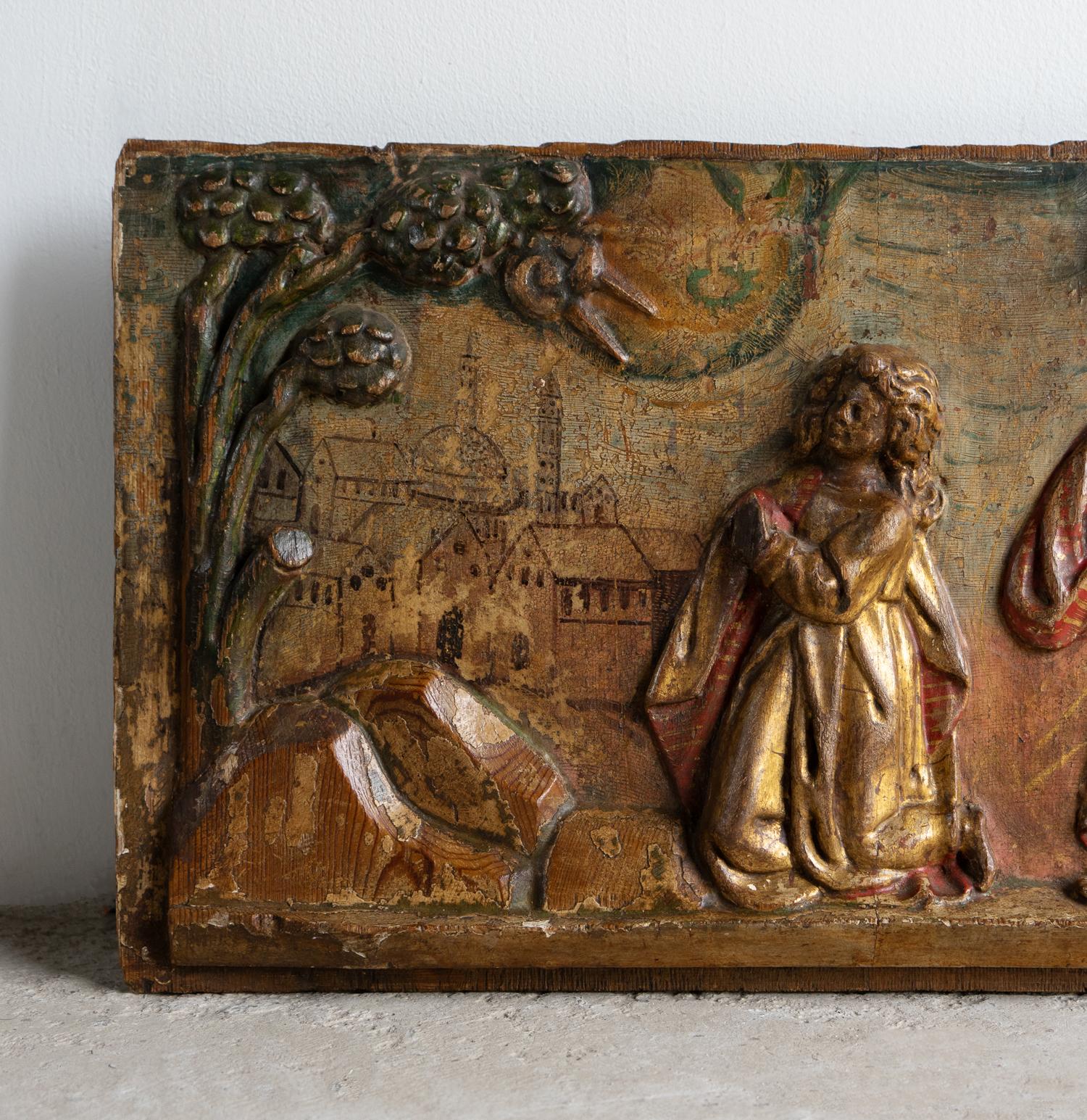 Antique Renaissance Biblical Panel Carving Polychrome Decoration, 16th Century In Good Condition For Sale In Bristol, GB