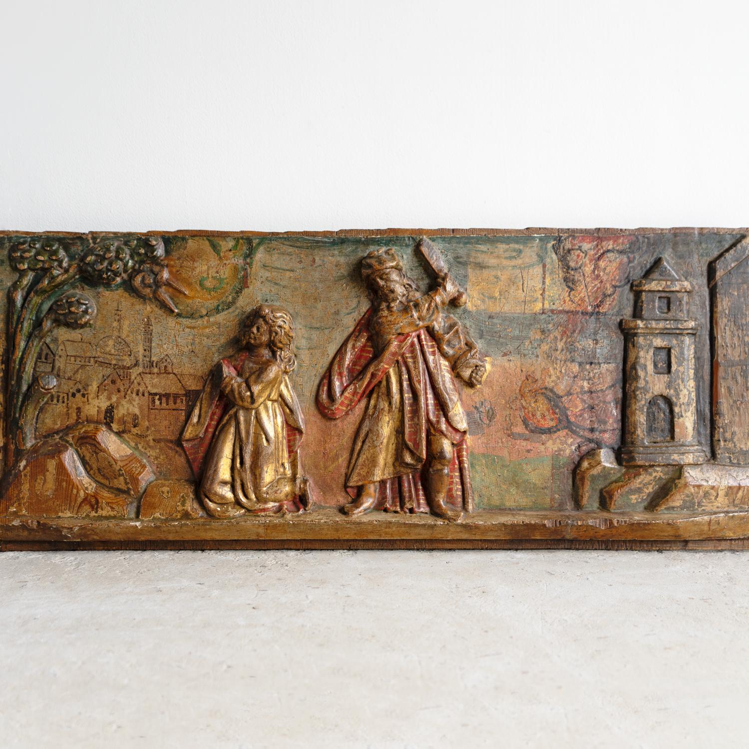 18th Century and Earlier Antique Renaissance Biblical Panel Carving Polychrome Decoration, 16th Century For Sale