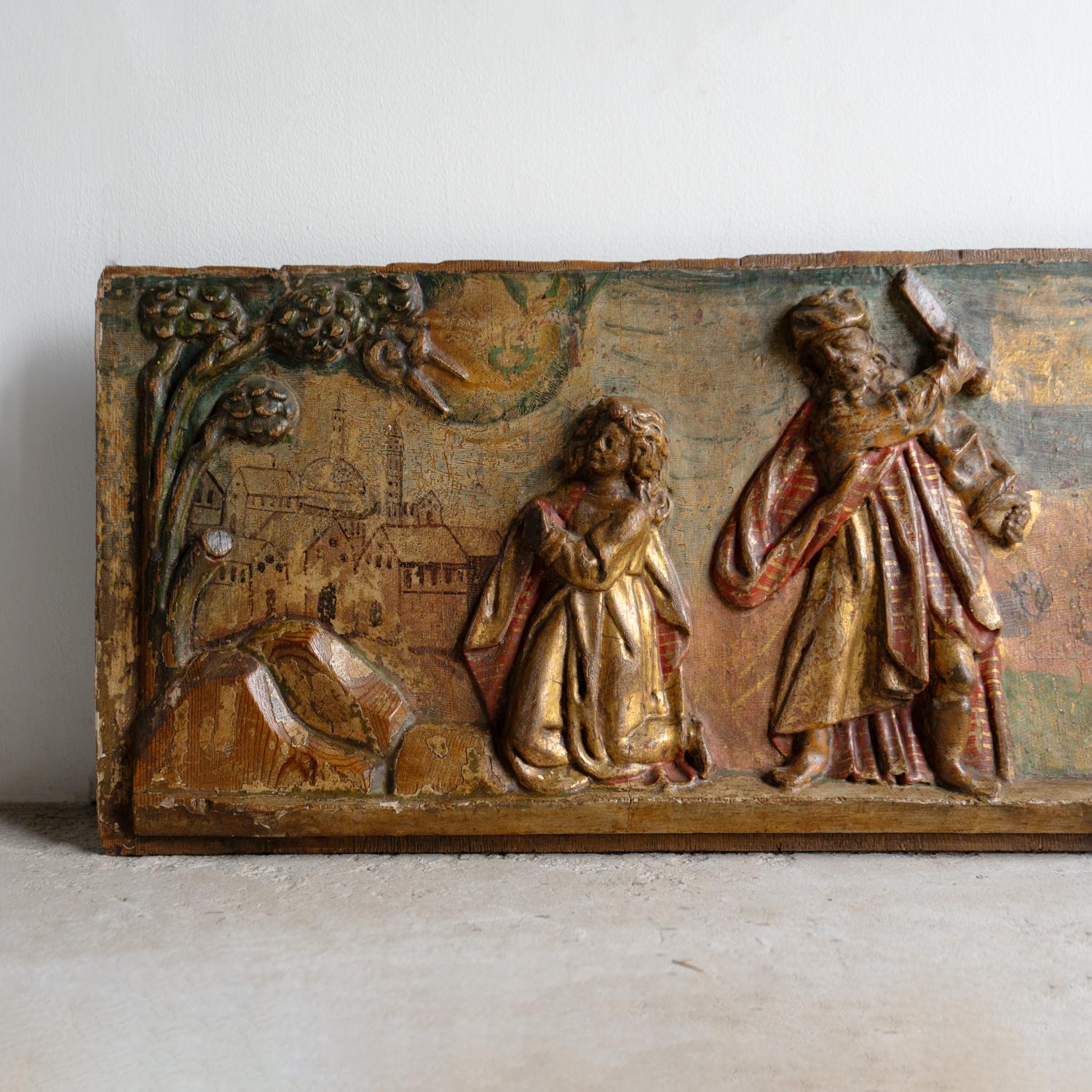 Wood Antique Renaissance Biblical Panel Carving Polychrome Decoration, 16th Century For Sale