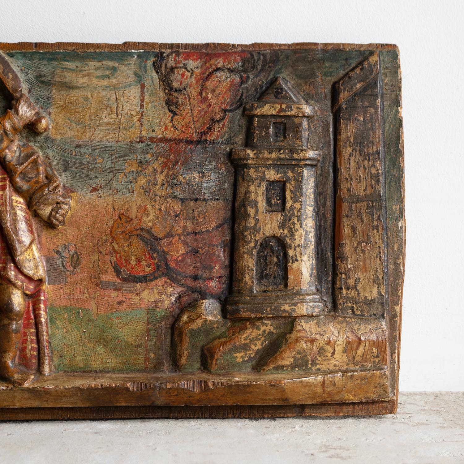 Antique Renaissance Biblical Panel Carving Polychrome Decoration, 16th Century For Sale 1
