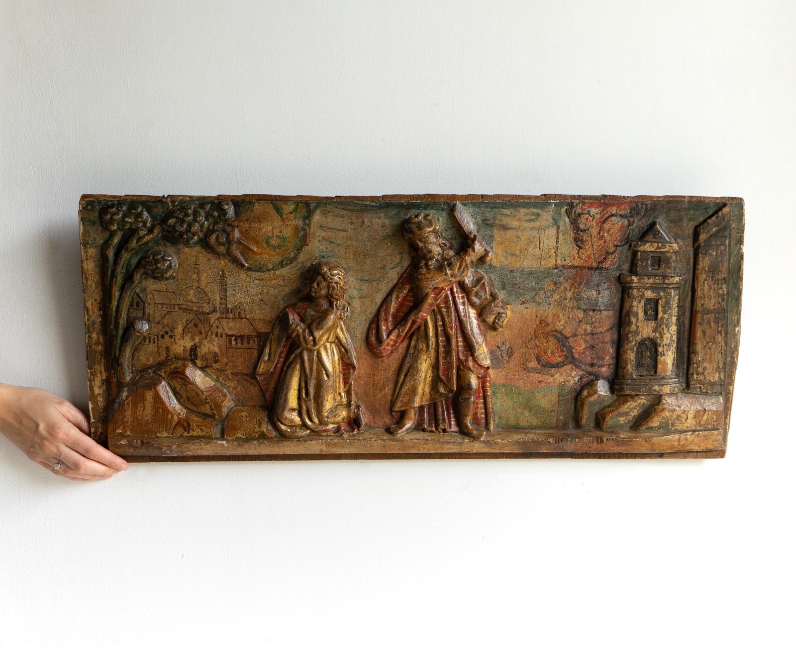 Antique Renaissance Biblical Panel Carving Polychrome Decoration, 16th Century For Sale 2