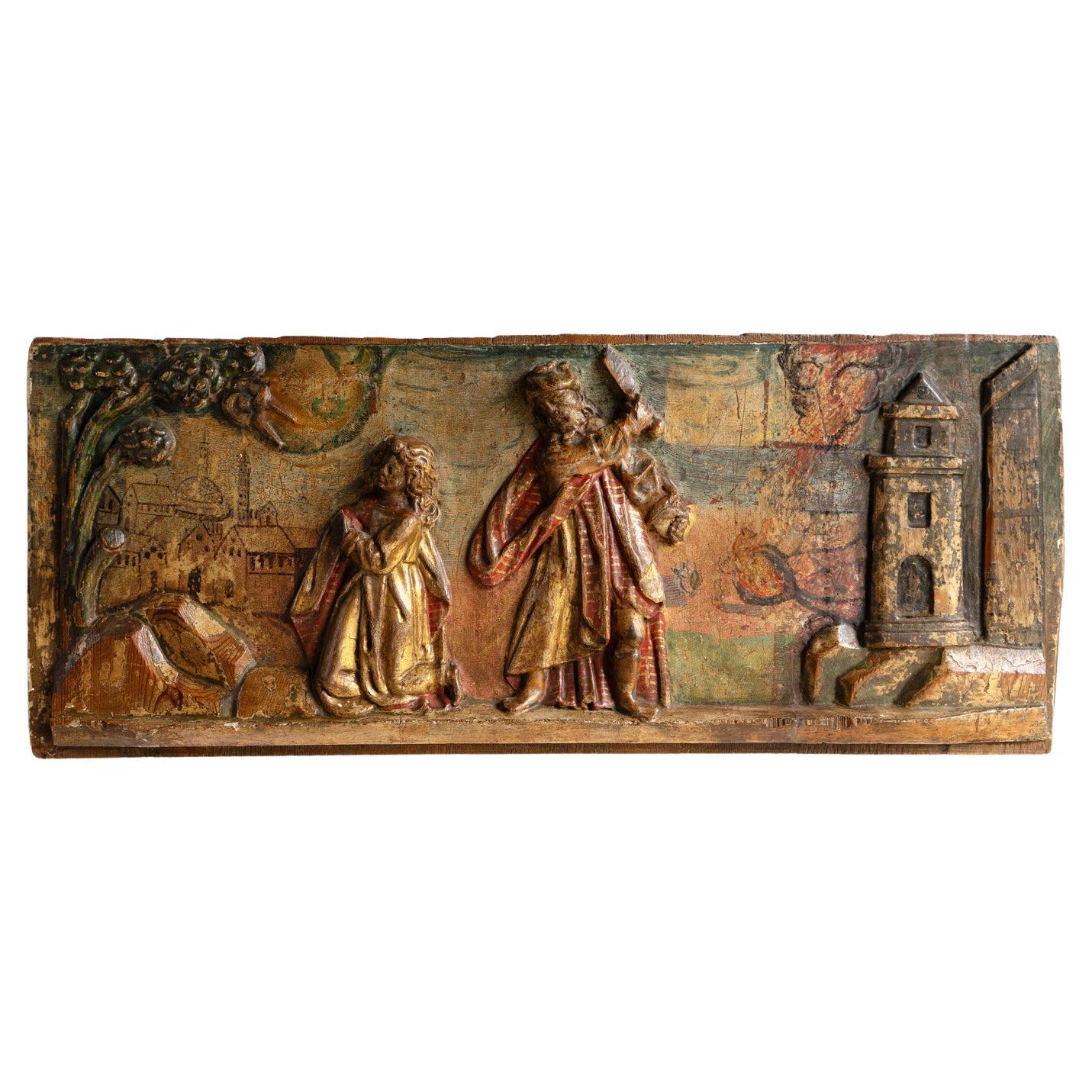 Antique Renaissance Biblical Panel Carving Polychrome Decoration, 16th Century