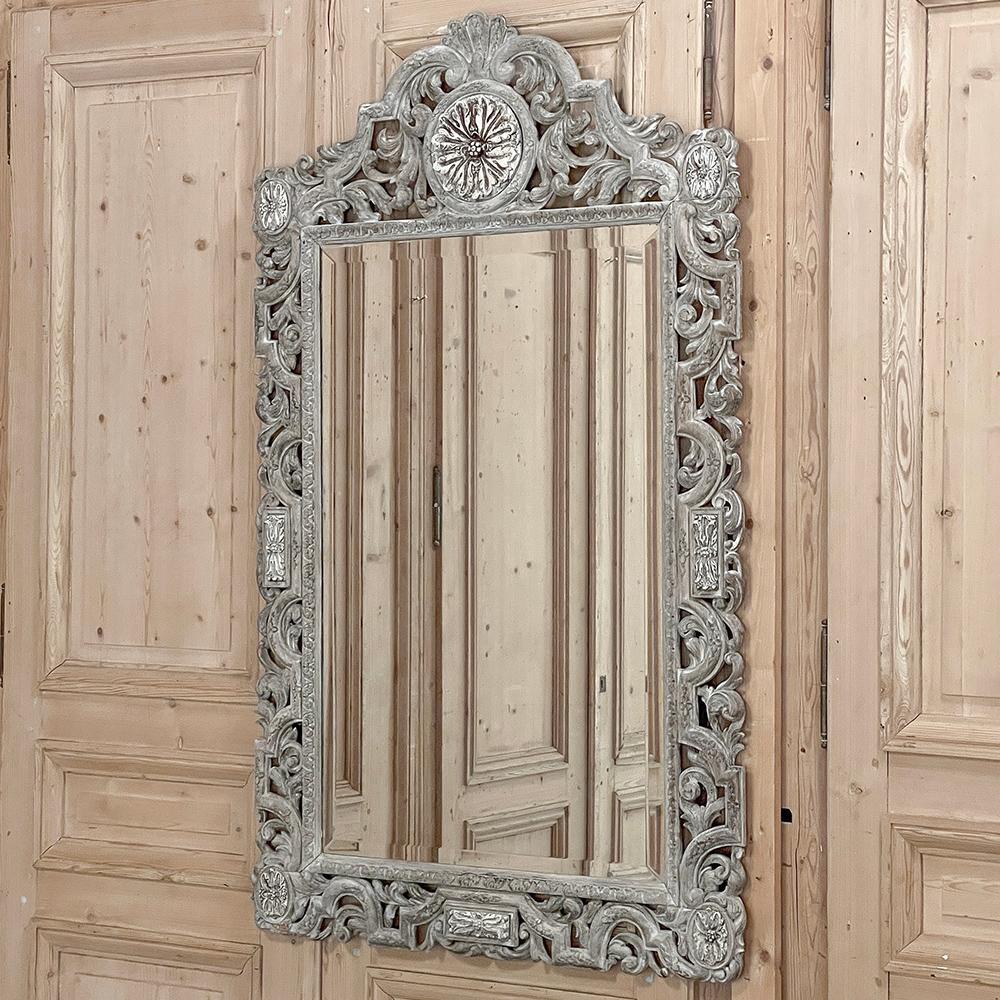 French Antique Renaissance Carved and Whitewashed Wood Mirror For Sale