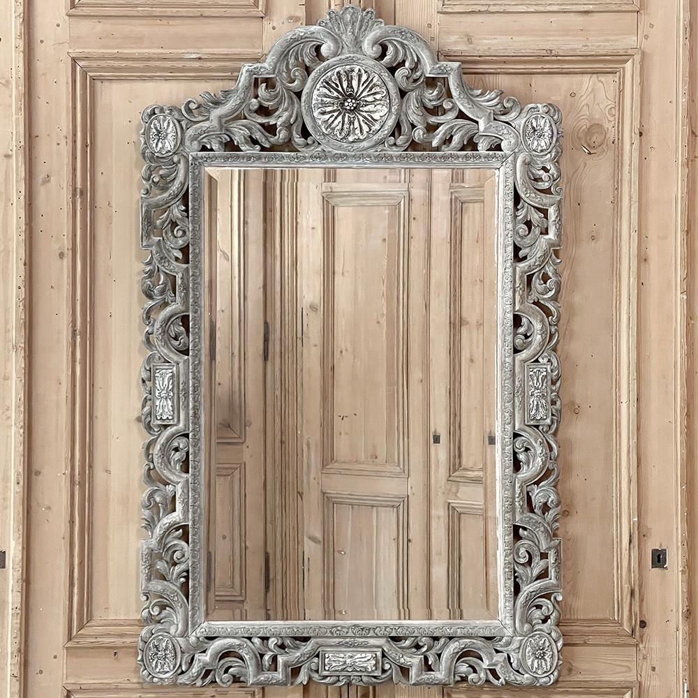 Beveled Antique Renaissance Carved and Whitewashed Wood Mirror For Sale