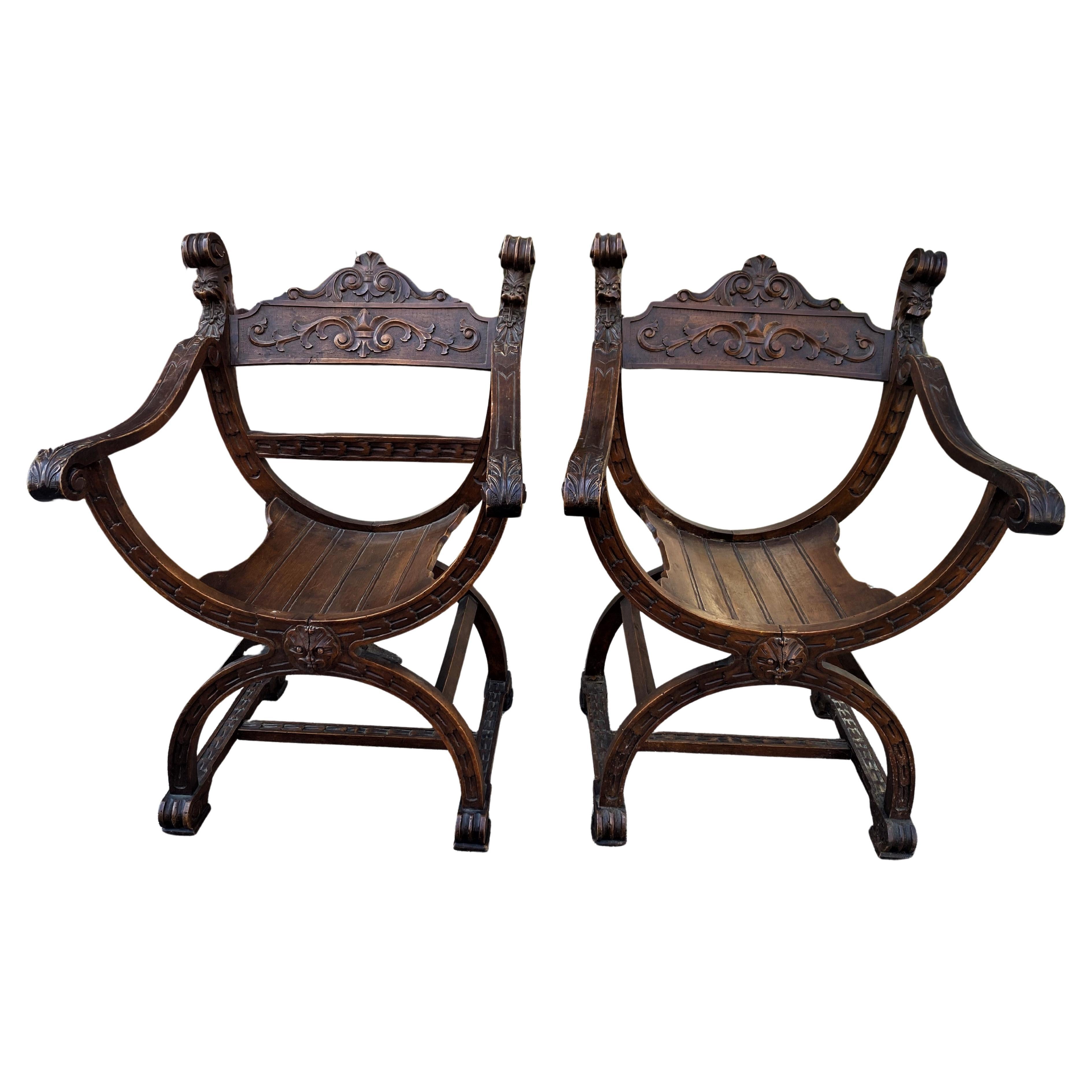 Antique Renaissance Carved Lion Heads Curule Savonarola Style Chairs - a Pair
