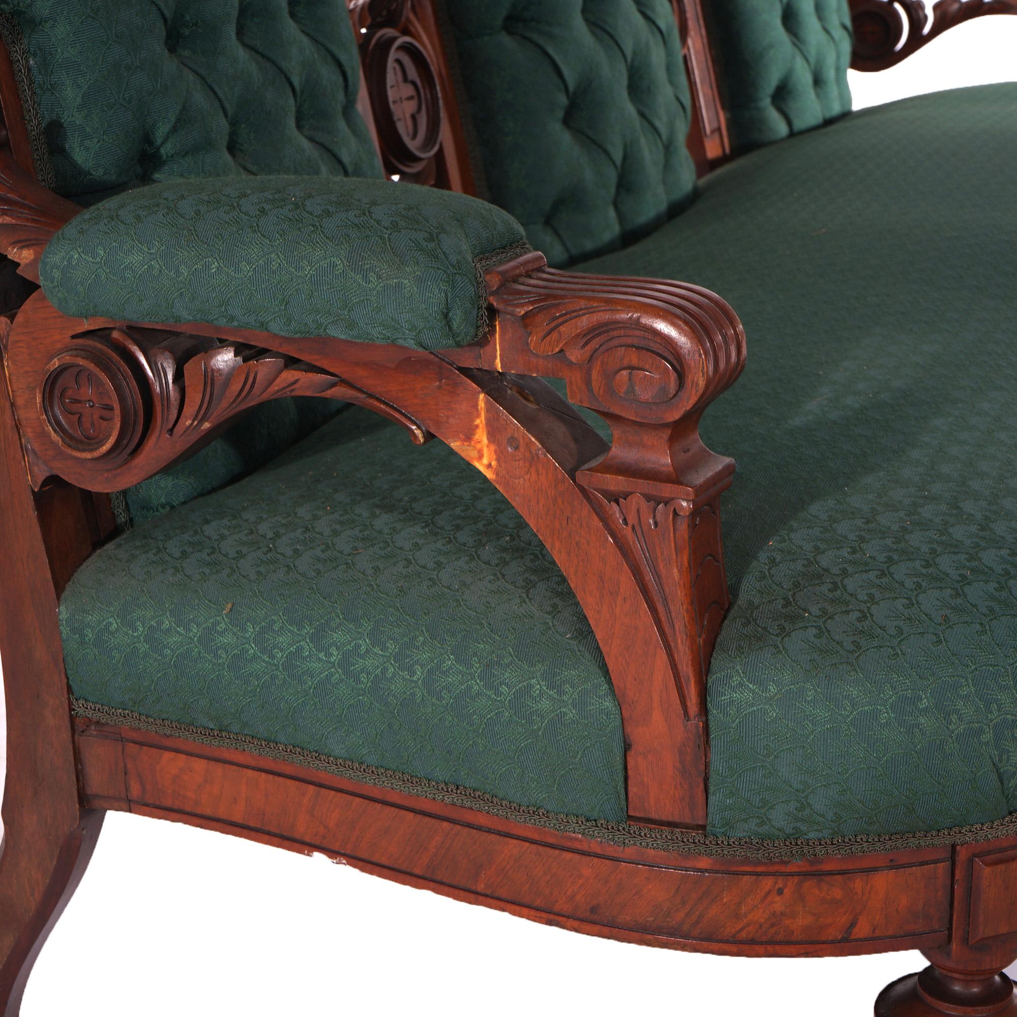 Antique Renaissance Carved Walnut & Burl Upholstered Button-Back Sofa C1880 For Sale 6