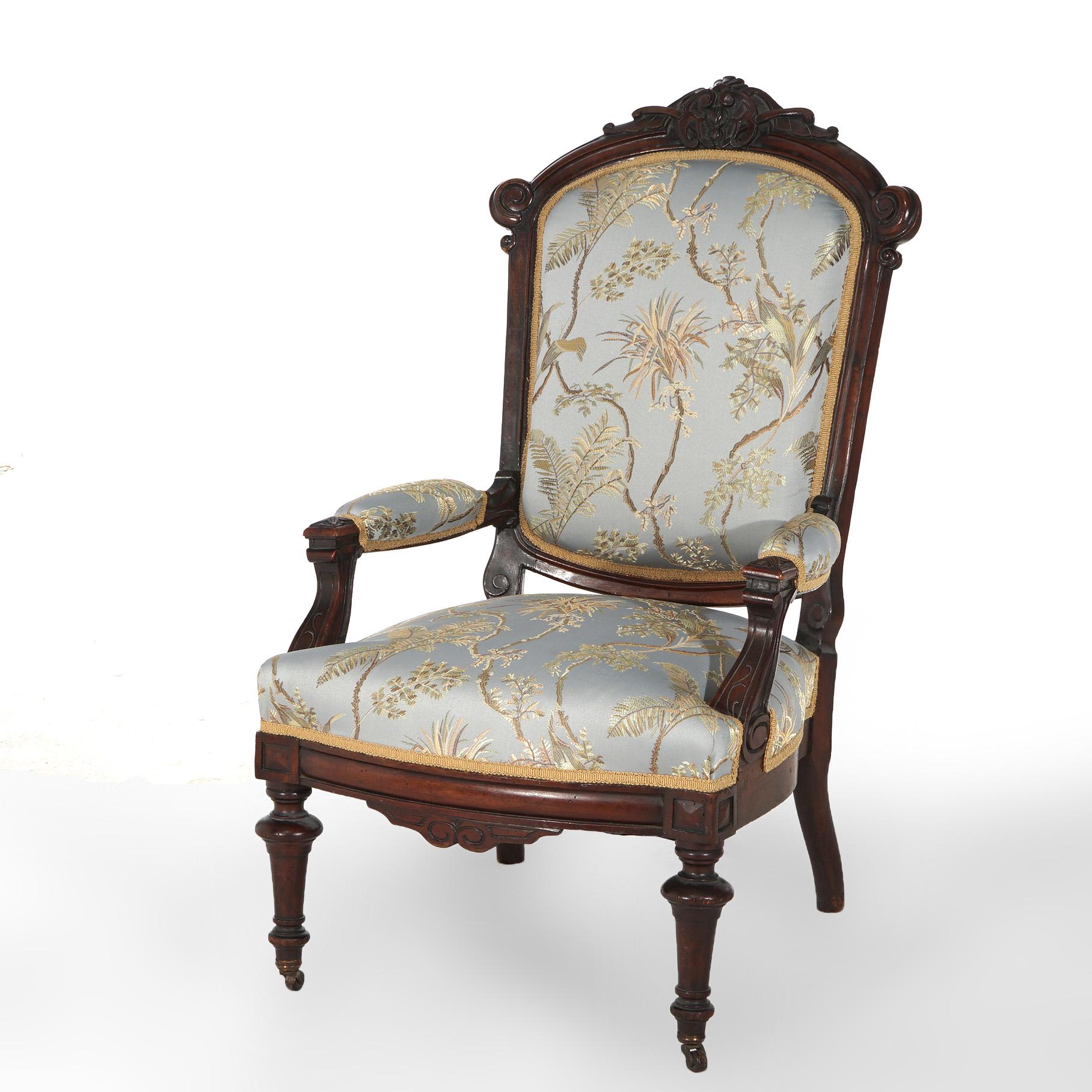 ***Ask About Reduced In-House Delivery Rates - Reliable Professional Service & Fully Insured***

Antique Renaissance Carved Walnut Upholstered Gentleman’s Chair C1890.

Measures - 40.25