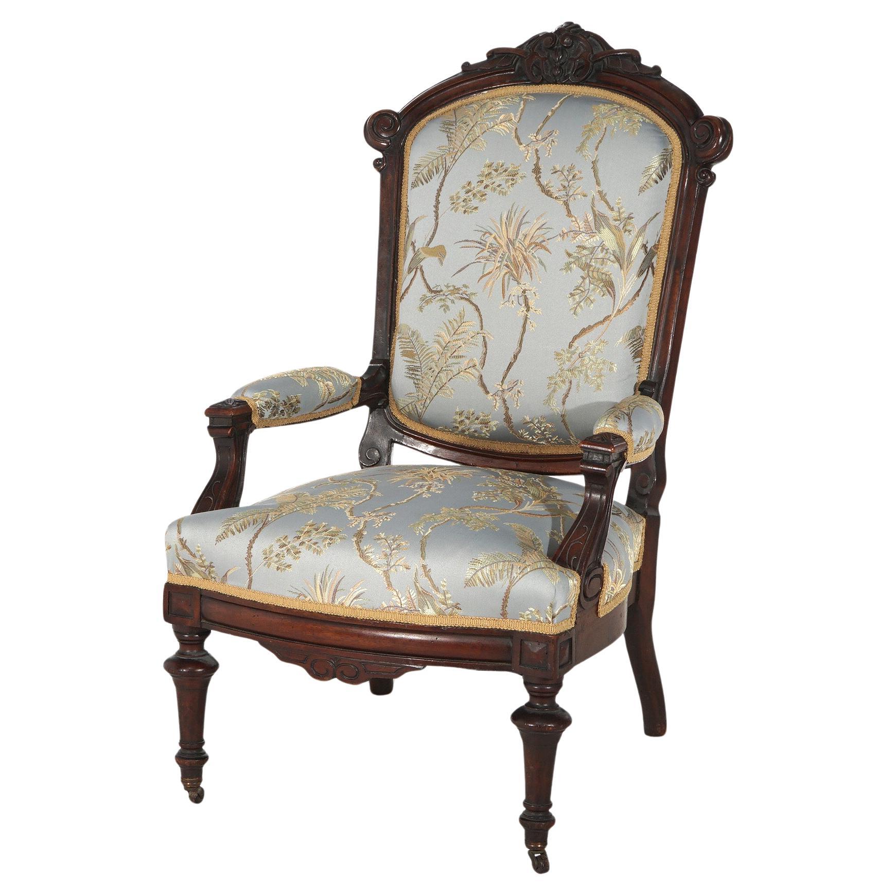 Antique Renaissance Carved Walnut Upholstered Gentleman’s Chair C1890 For Sale