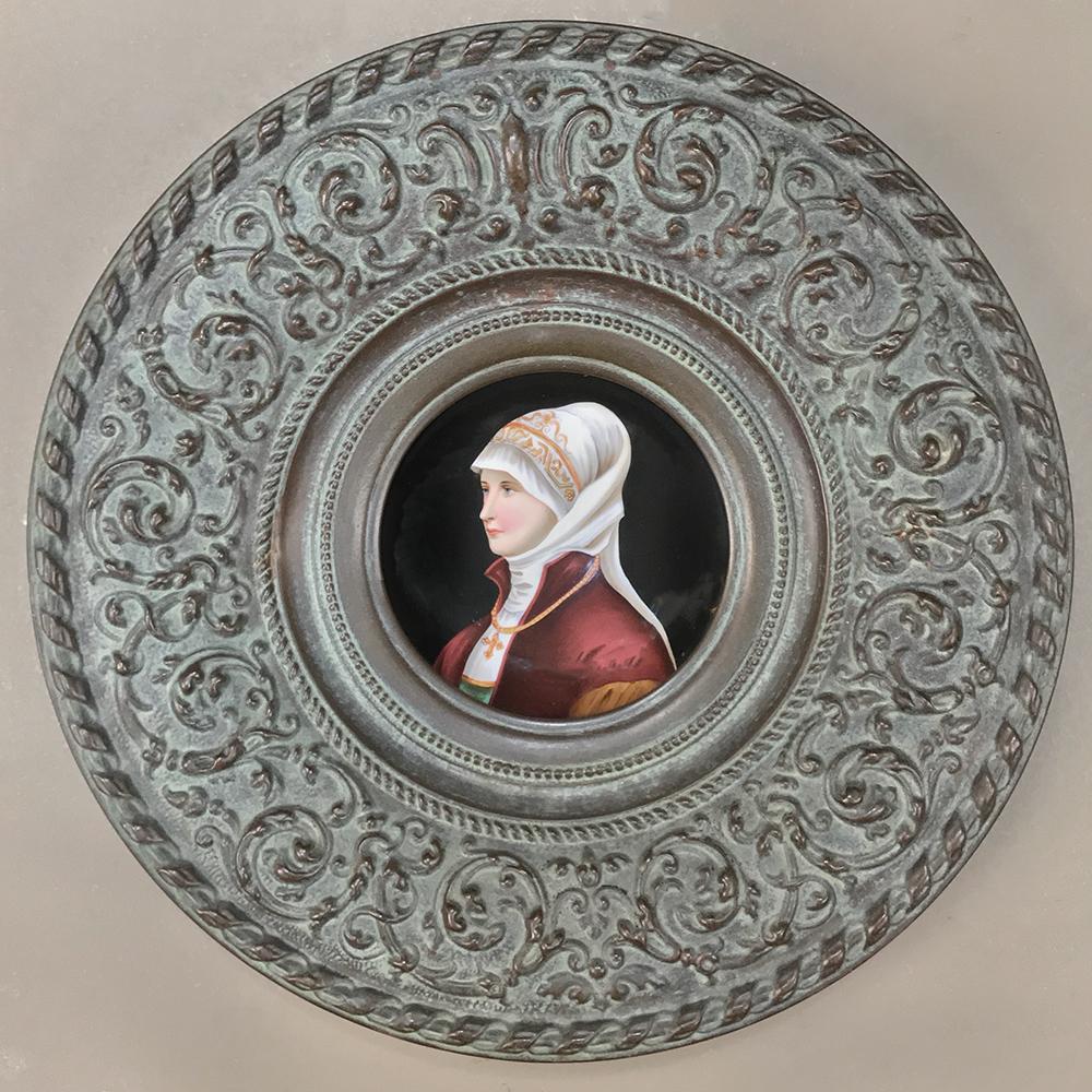 Belgian Antique Renaissance Embossed Platter with Painted Porcelain Portrait