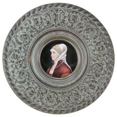 Antique Renaissance Embossed Platter with Painted Porcelain Portrait