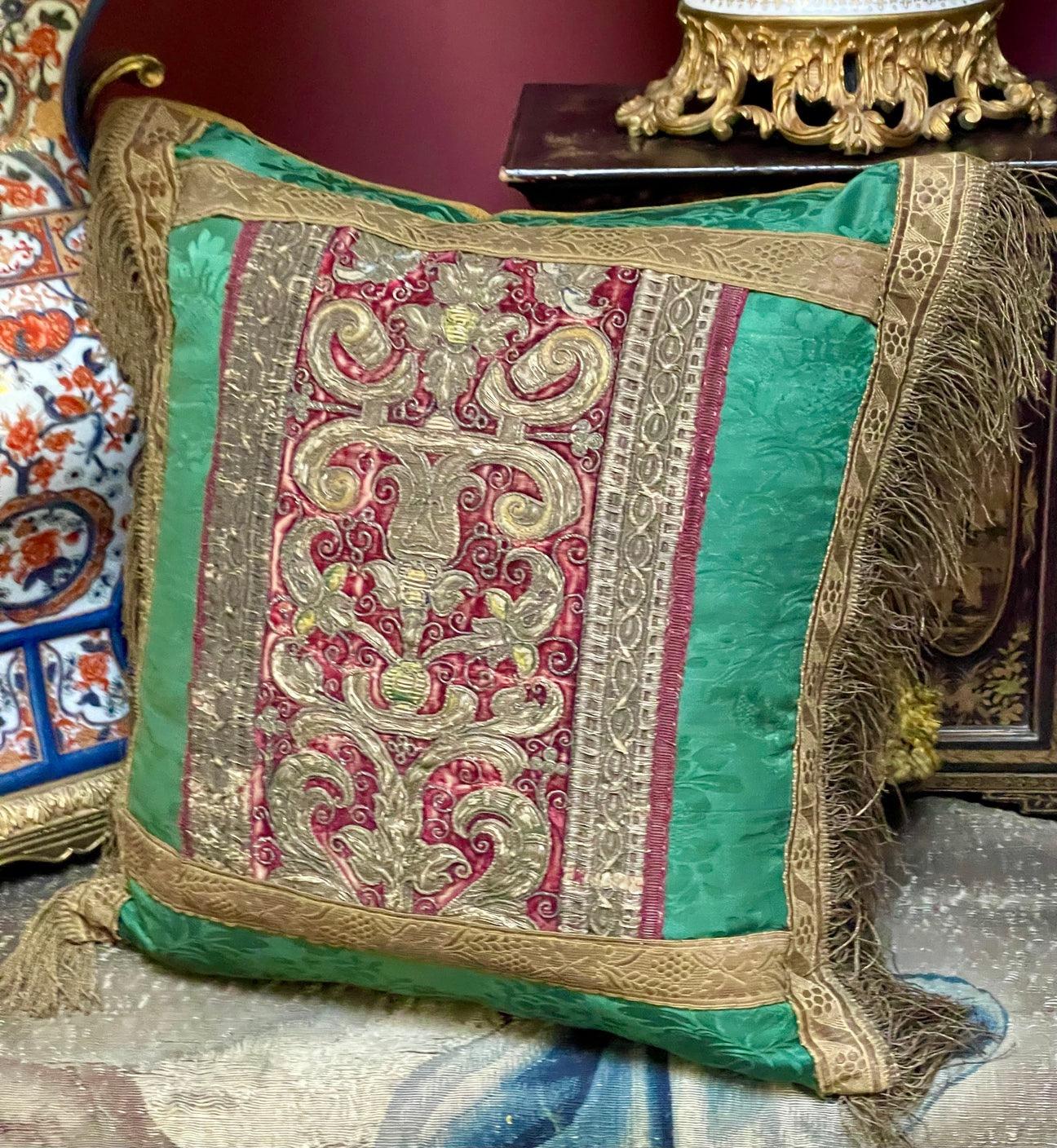 Hand Made Bespoke Pillow

An exceptional Silk Velvet Panel

Dating from late 16th early 17th Century . Italian or Spanish

The magenta silk velvet embroidered in metallic and silk threads original woven metallic braids.

The needlework is exquisite