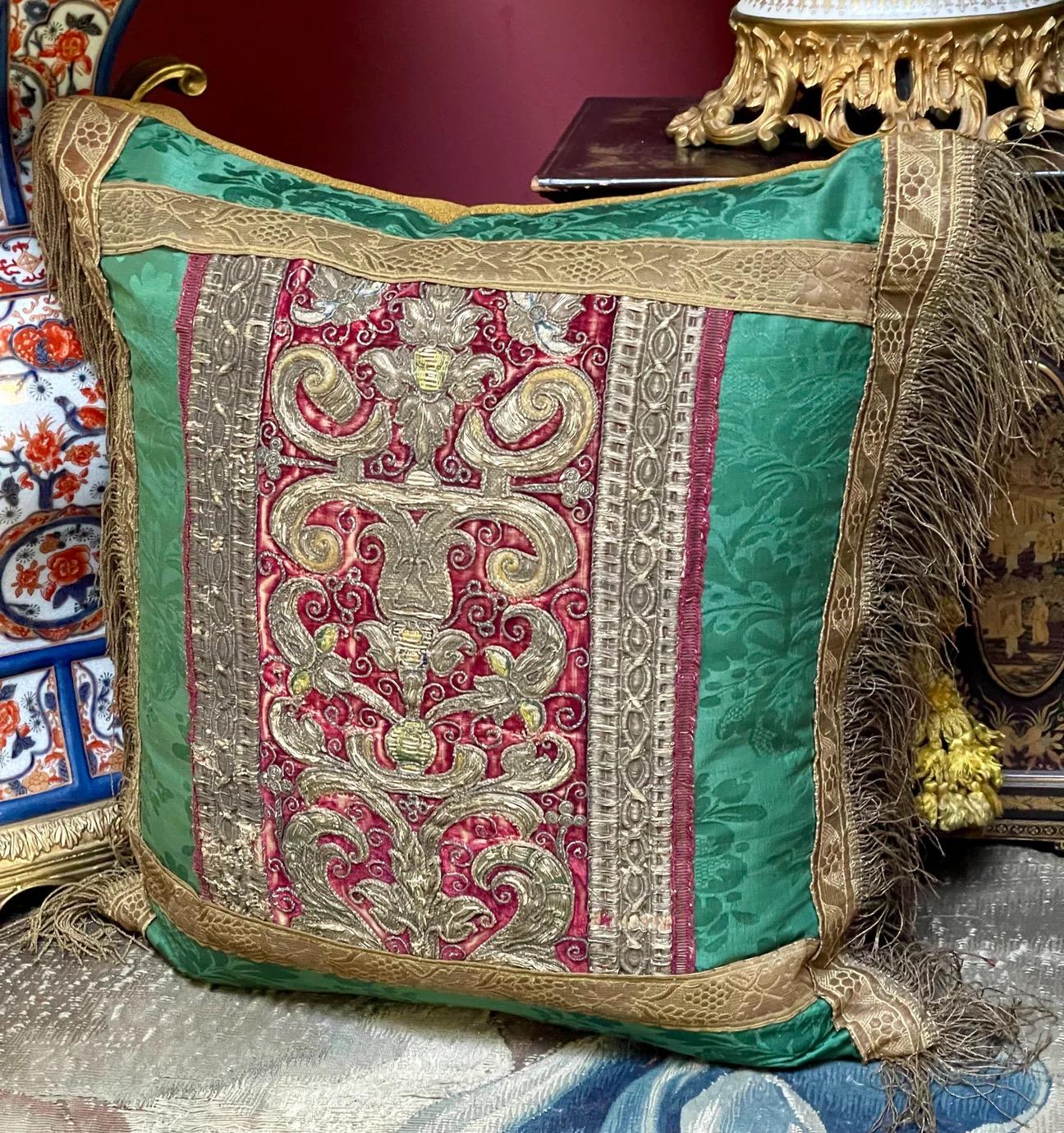 Italian Antique  Renaissance Metallic Embroidered  Panel circa 1600 Now A Pillow For Sale