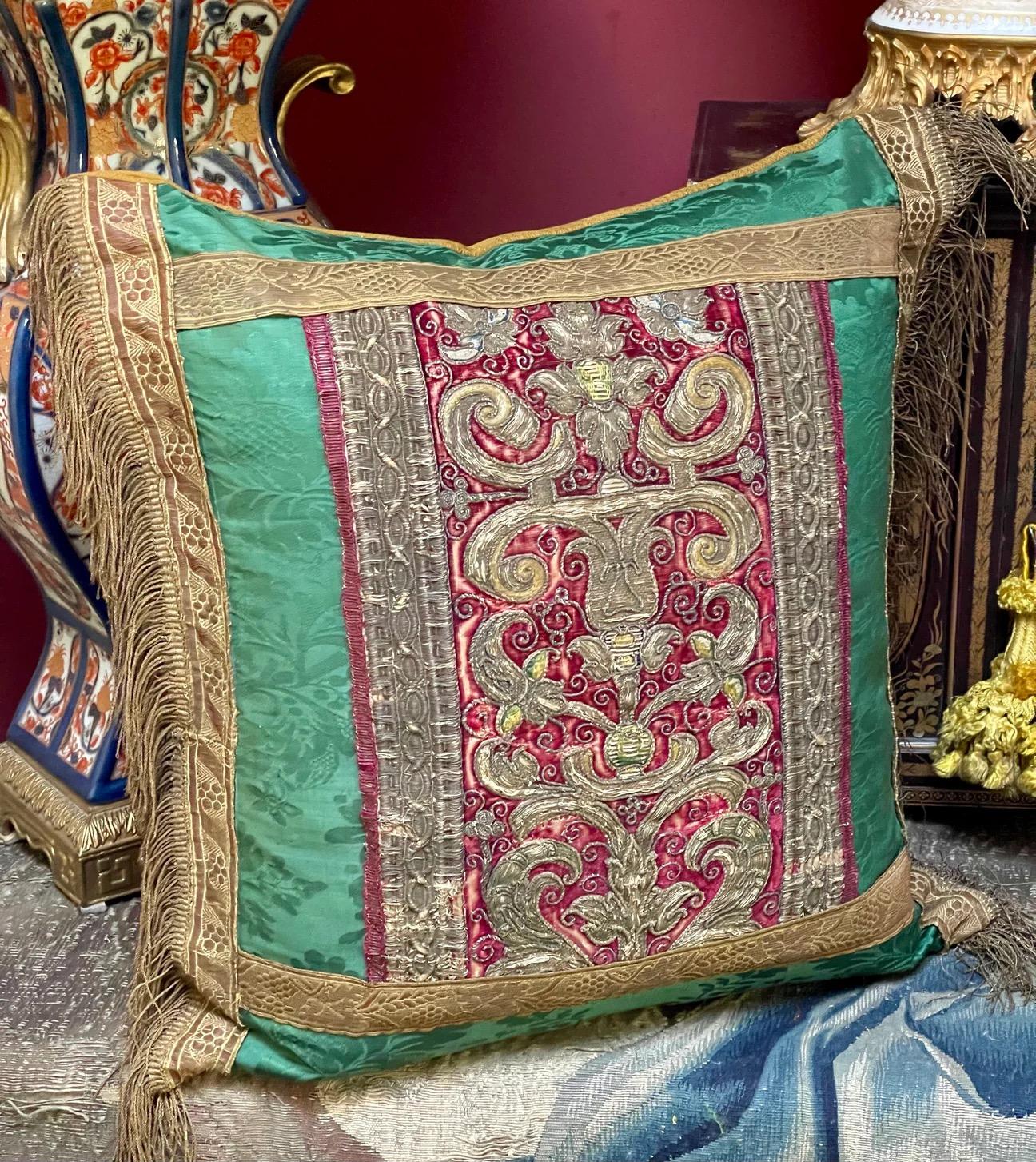 Antique  Renaissance Metallic Embroidered  Panel circa 1600 Now A Pillow In Good Condition For Sale In Canterbury, GB