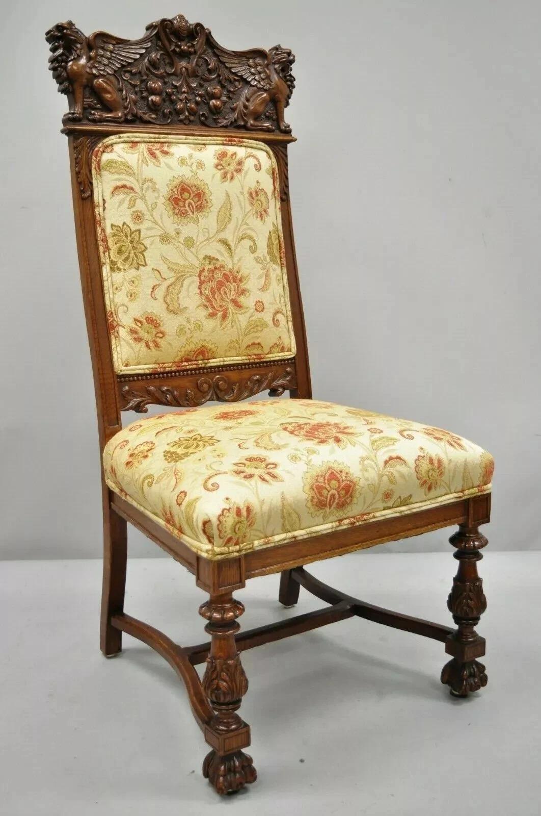 Antique Renaissance Oak Winged Griffin Paw Foot Dining Chair Attr RJ Horner Pair For Sale 5