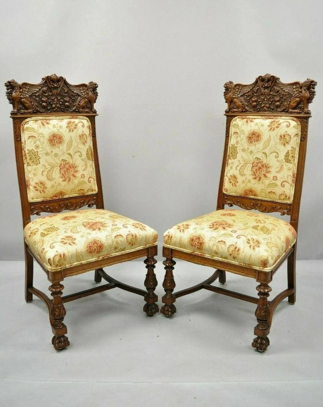 Antique Renaissance Oak Winged Griffin Paw Foot Dining Chair Attr RJ Horner Pair For Sale 7