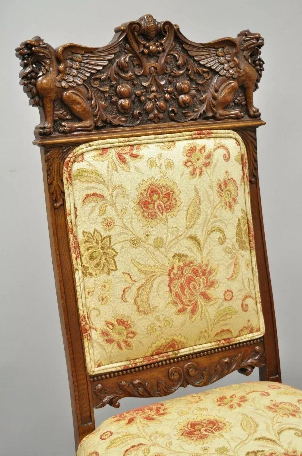Unknown Antique Renaissance Oak Winged Griffin Paw Foot Dining Chair Attr RJ Horner Pair For Sale