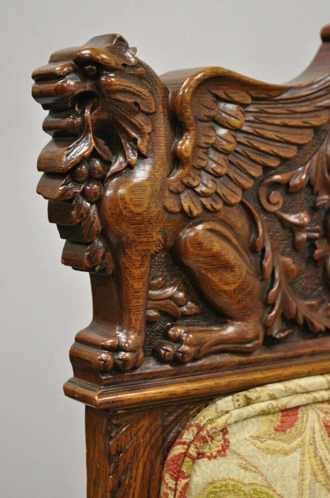 19th Century Antique Renaissance Oak Winged Griffin Paw Foot Dining Chair Attr RJ Horner Pair For Sale