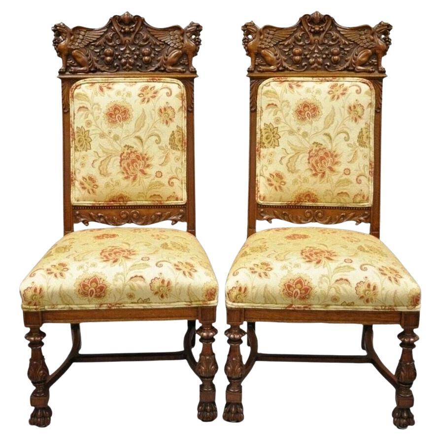 Antique Renaissance Oak Winged Griffin Paw Foot Dining Chair Attr RJ Horner Pair For Sale