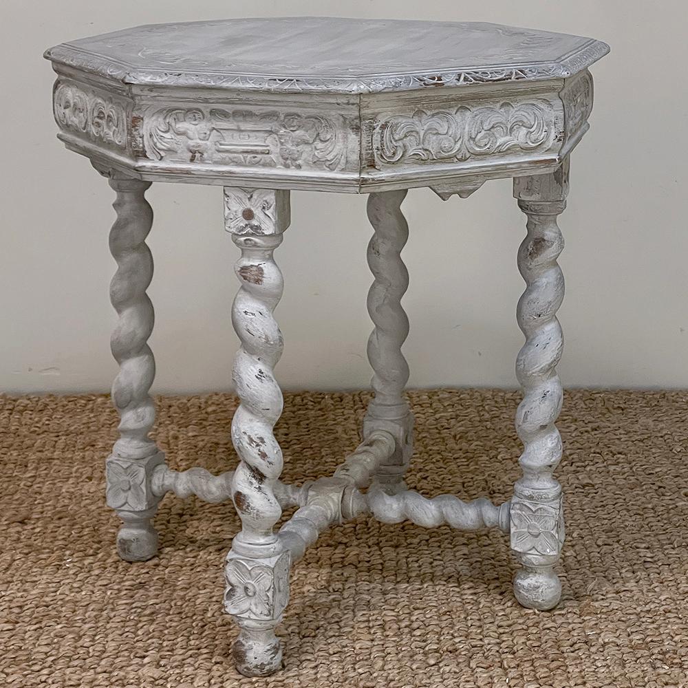 Antique Renaissance octagonal painted center table ~ End table was fashioned from solid oak, and features carved detail from the surface to the teardrop feet! Octagonal top is lavished with gadrooned edges and foliate carvings, supported by a finely