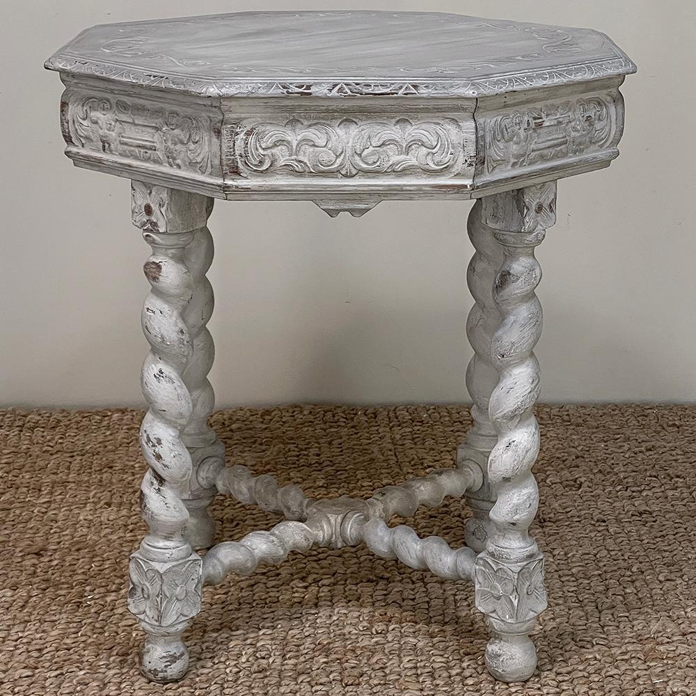Hand-Carved Antique Renaissance Octagonal Painted Center Table, End Table For Sale