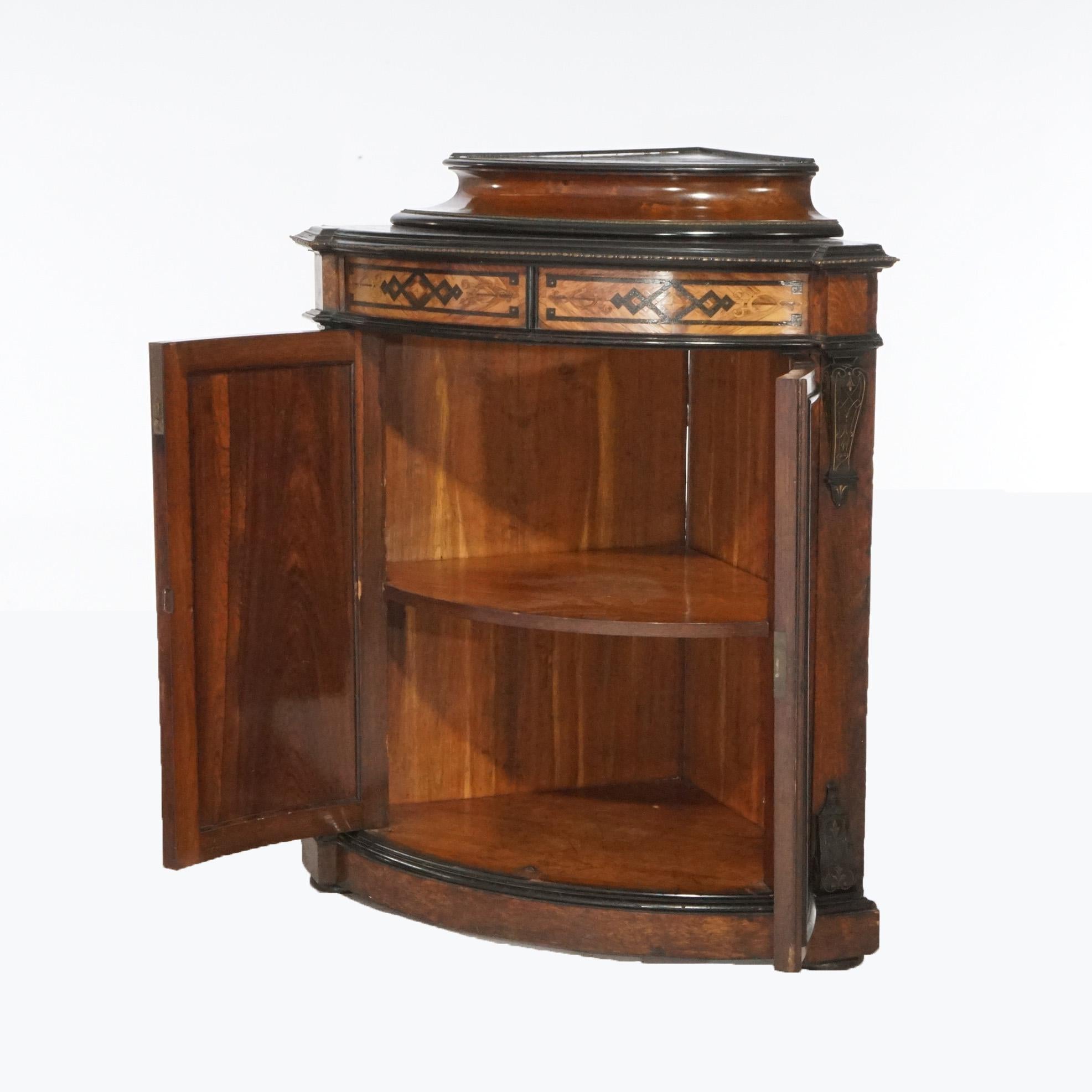 Inlay Antique Renaissance Revival Aesthetic Rosewood & Marquetry Corner Cabinet, C1880 For Sale