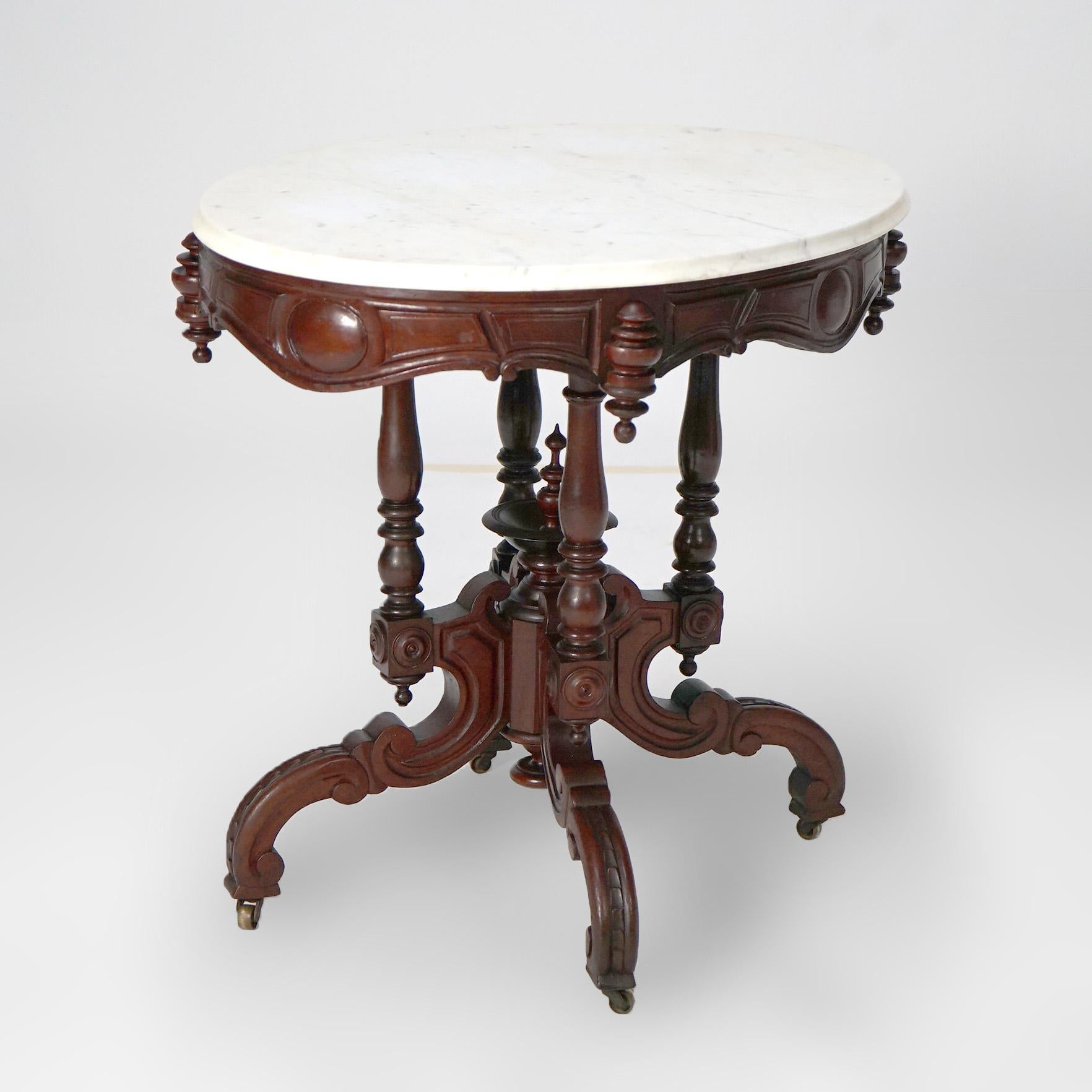 Antique Renaissance Revival Brooks Walnut Oval Marble Top Parlor Table c1890 For Sale 5