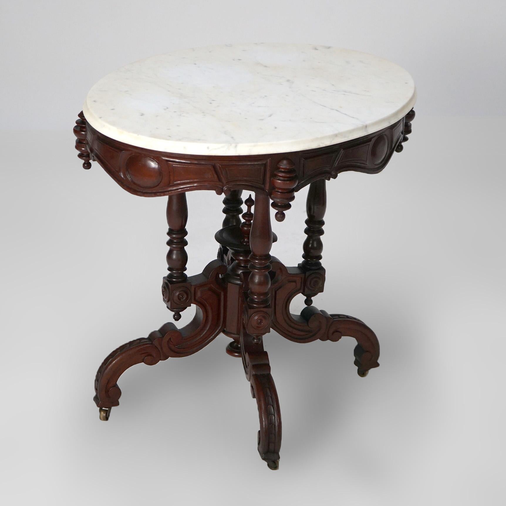 Antique Renaissance Revival Brooks Walnut Oval Marble Top Parlor Table c1890 For Sale 6