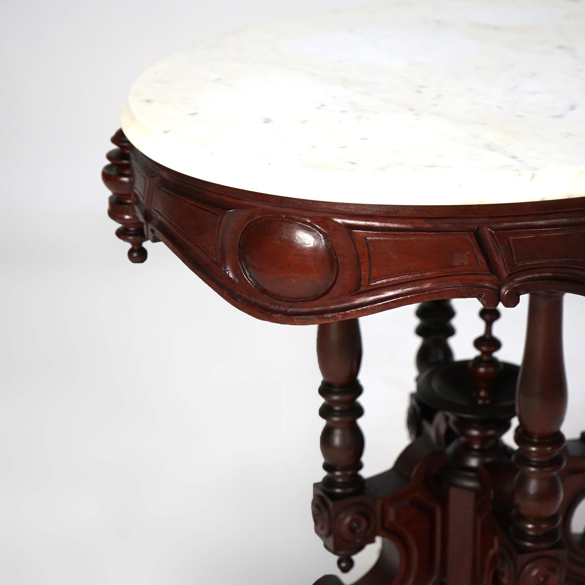 Antique Renaissance Revival Brooks Walnut Oval Marble Top Parlor Table c1890 For Sale 7
