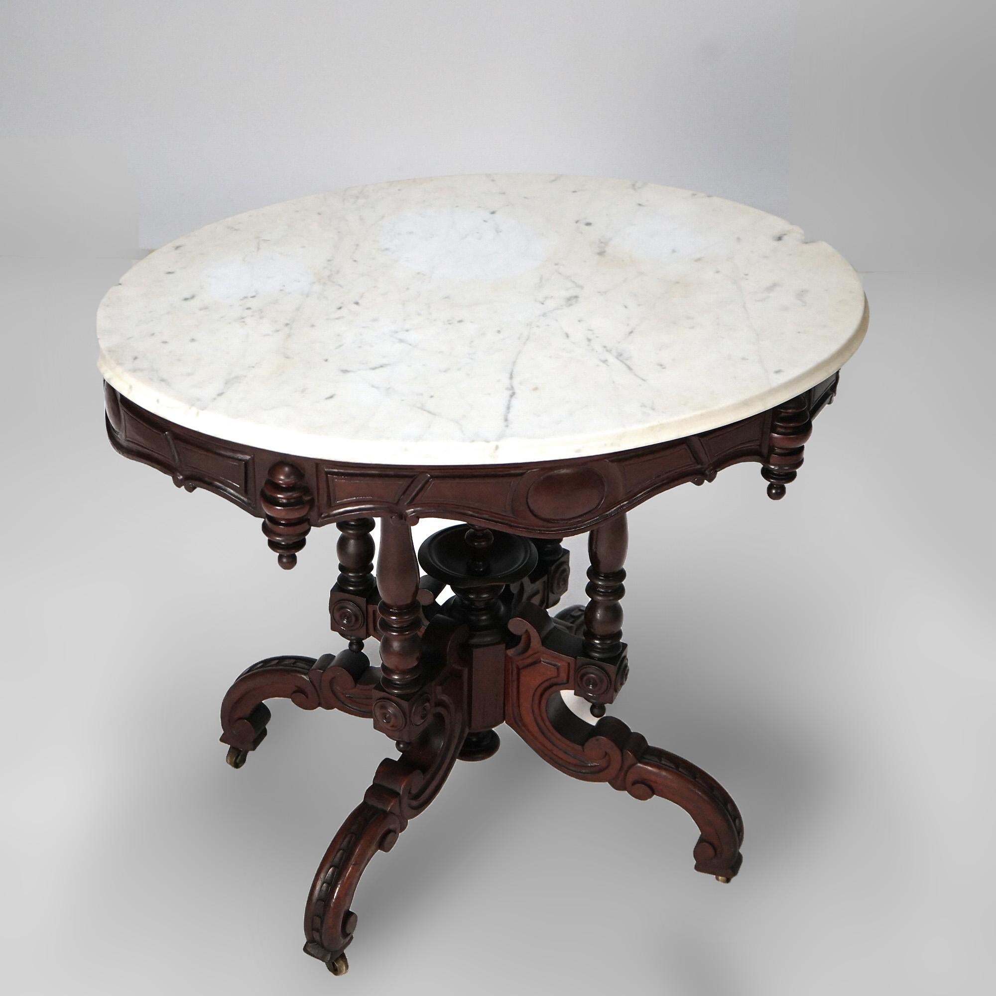 Antique Renaissance Revival Brooks Walnut Oval Marble Top Parlor Table c1890 For Sale 9