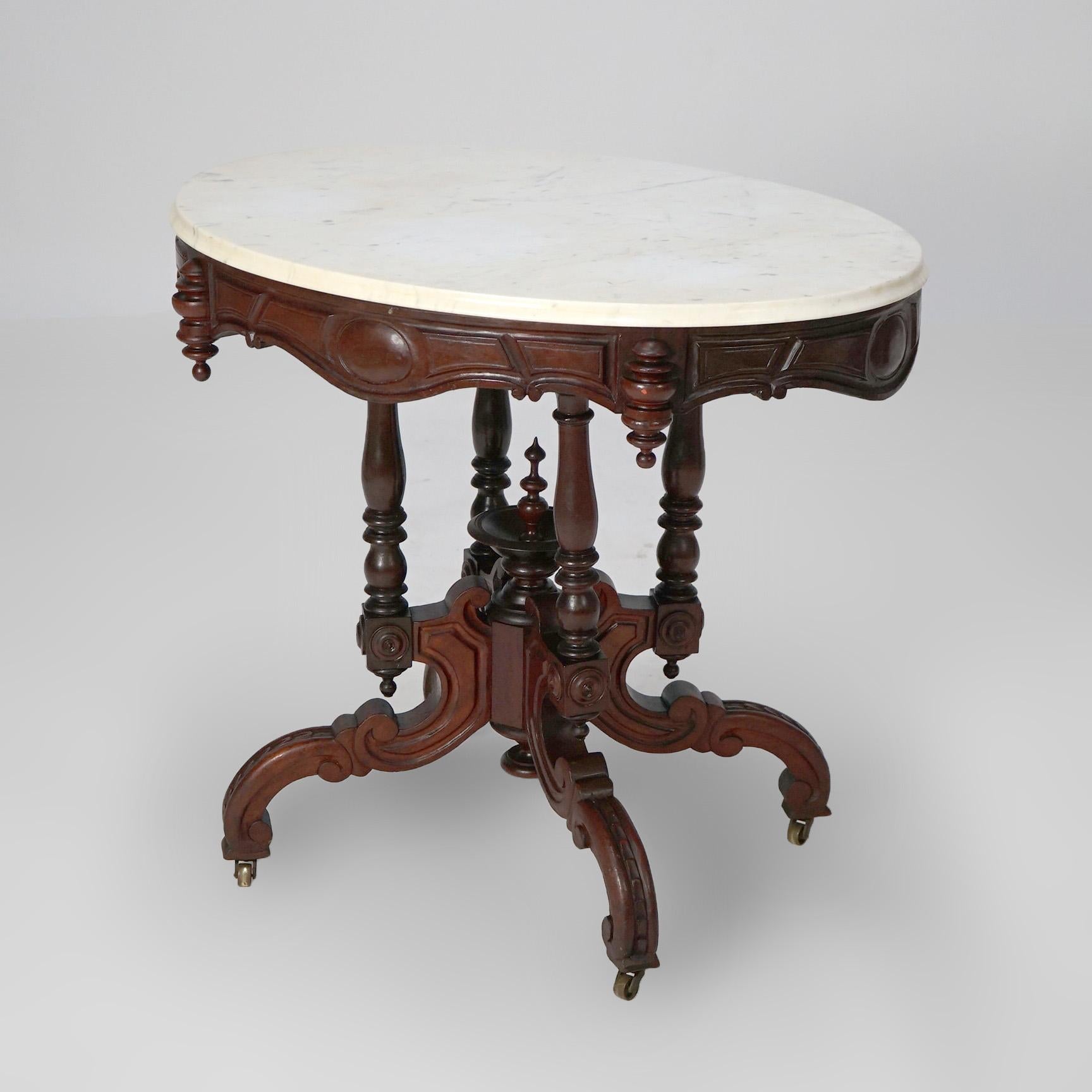 Beveled Antique Renaissance Revival Brooks Walnut Oval Marble Top Parlor Table c1890 For Sale