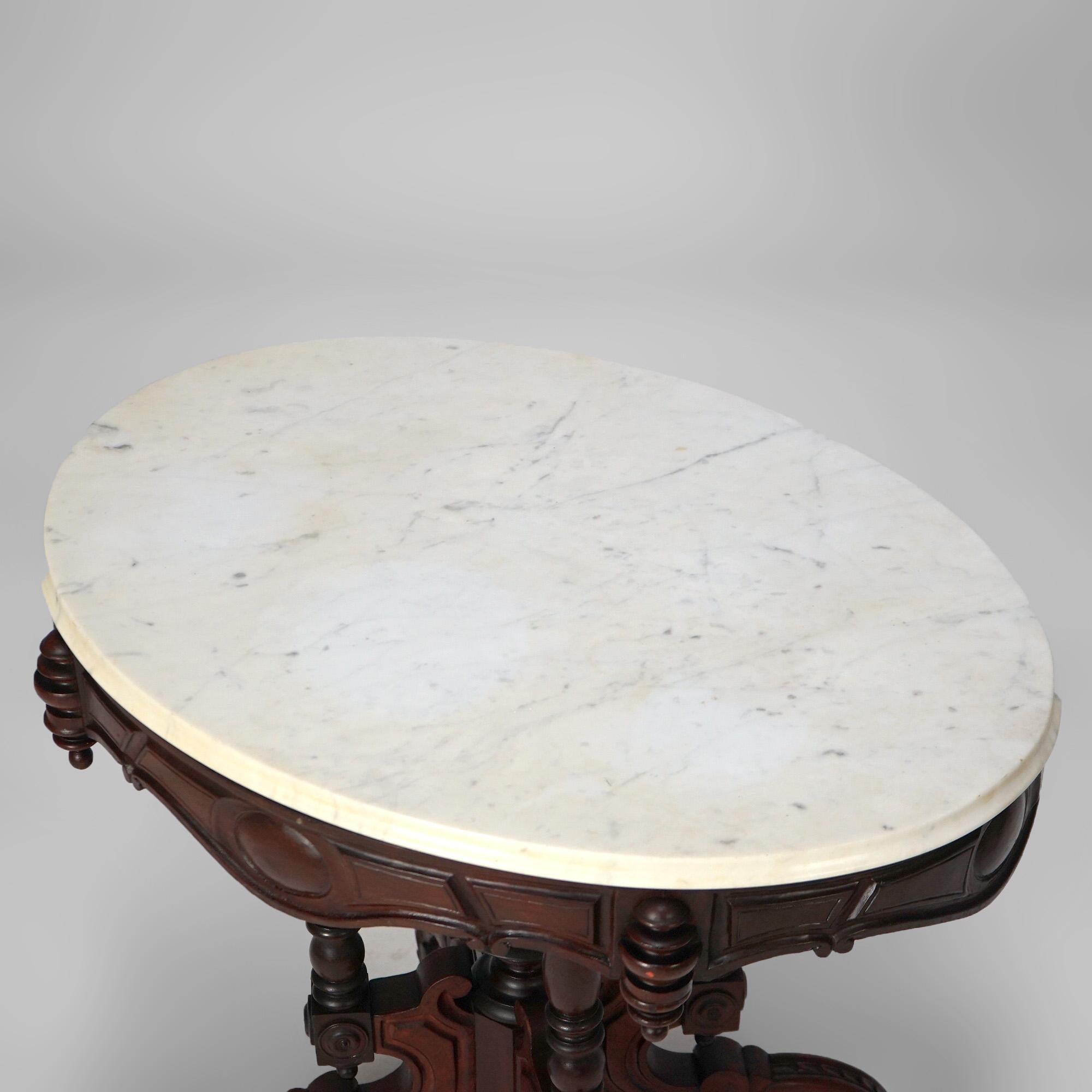 Antique Renaissance Revival Brooks Walnut Oval Marble Top Parlor Table c1890 For Sale 4