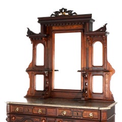 Antique Renaissance Revival Carved Burl, Walnut, Mirror & Marble Sideboard C1880