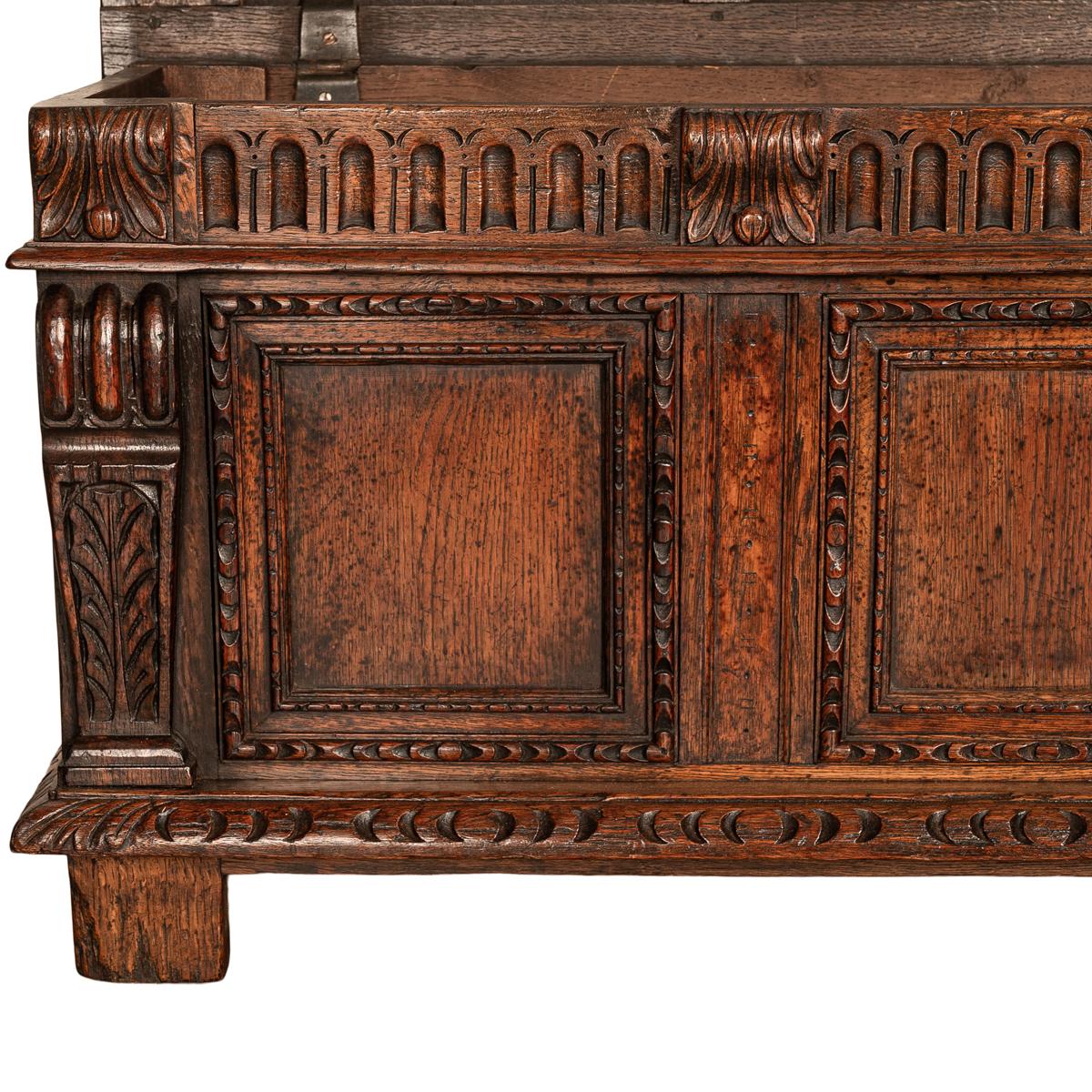 Antique Renaissance Revival Carved Oak Coffer Chest Trunk Window Bench Seat 1880 8