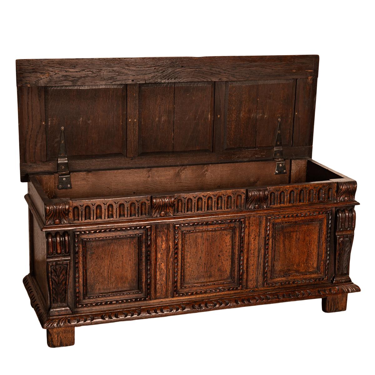 Antique Renaissance Revival Carved Oak Coffer Chest Trunk Window Bench Seat 1880 1