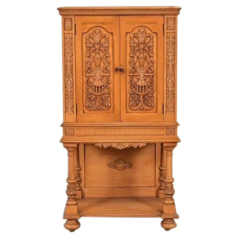 Antique Renaissance Revival Carved Oak Cupboard or Bar Cabinet, Circa 1920s For Sale