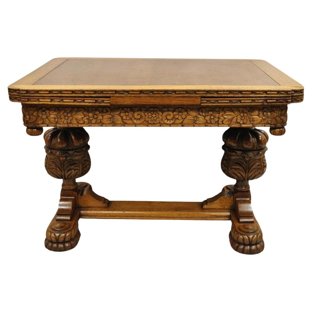 Antique Renaissance Revival Carved Oak Draw Leaf Refectory Small Dining Table