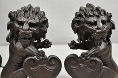 Antique Renaissance Revival Carved Oak Wood 20" Lion Architectural Elements Pair