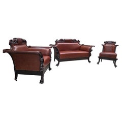 Antique Renaissance Revival Carved Parlor Suite Newly Upholstered - Set of 3