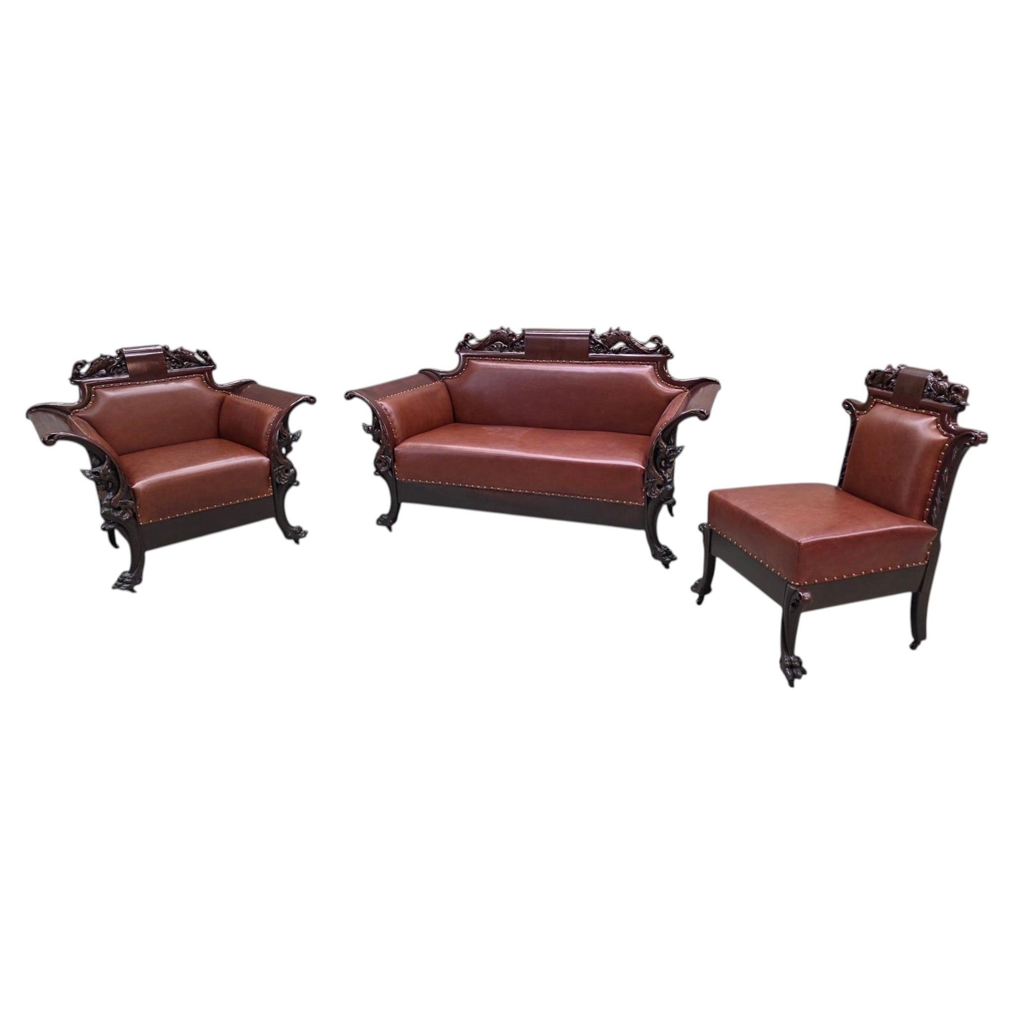 Antique American Renaissance Revival Carved Walnut 3 Piece Parlor Set For Sale