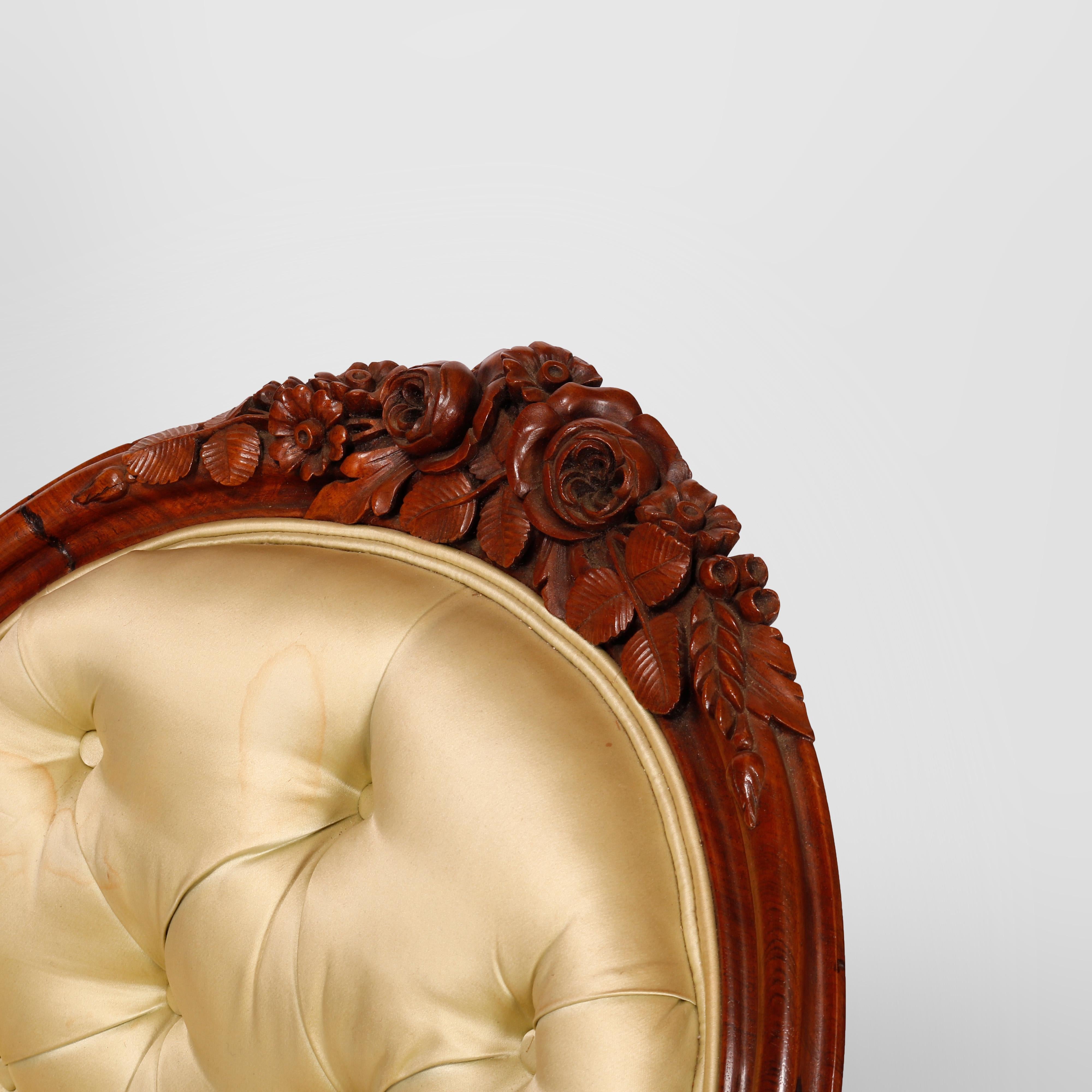 Antique Renaissance Revival Carved Rosewood Oval Back Medallion Settee c1880 For Sale 5