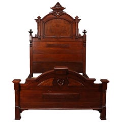 Antique Renaissance Revival Carved Walnut and Burl Full/Double Bed, 19th Century