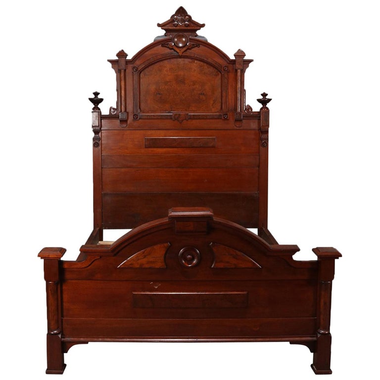 Antique Renaissance Revival Carved Walnut and Burl Full/Double Bed, 19th Century at 1stDibs