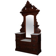 Antique Renaissance Revival Carved Walnut, Burl and Marble Mirrored Dresser